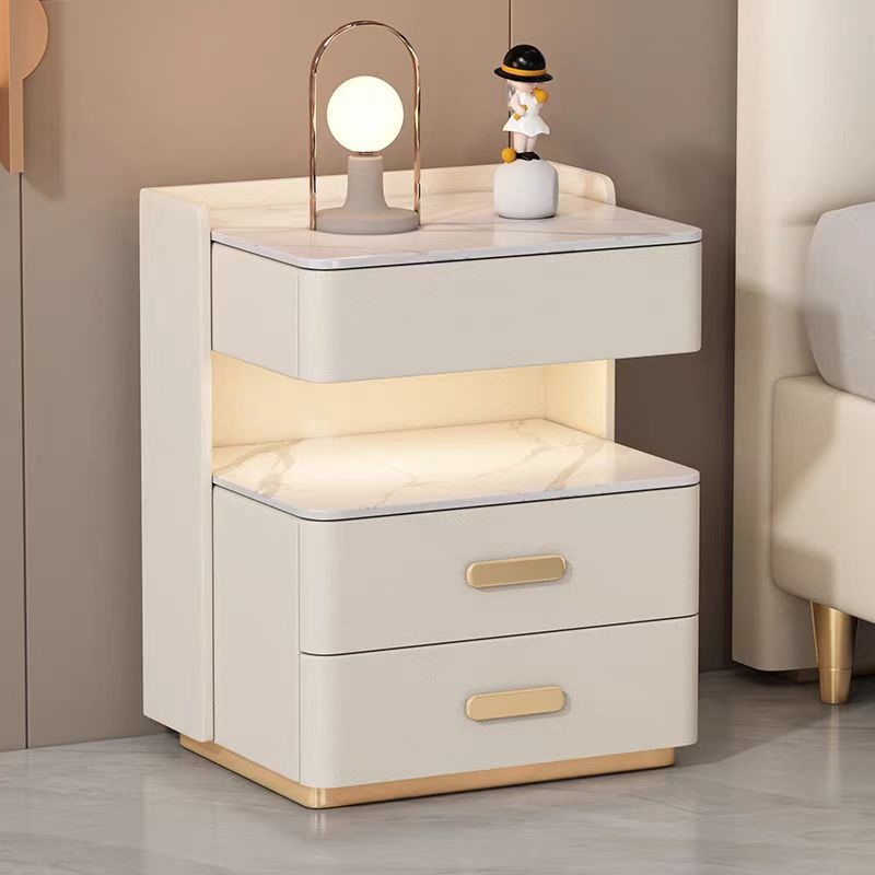 Contemporary Nordic Square Cube Solid Wood Leather Rock Board Sensor Light Safe Nightstand 3 - Drawer For Bedroom