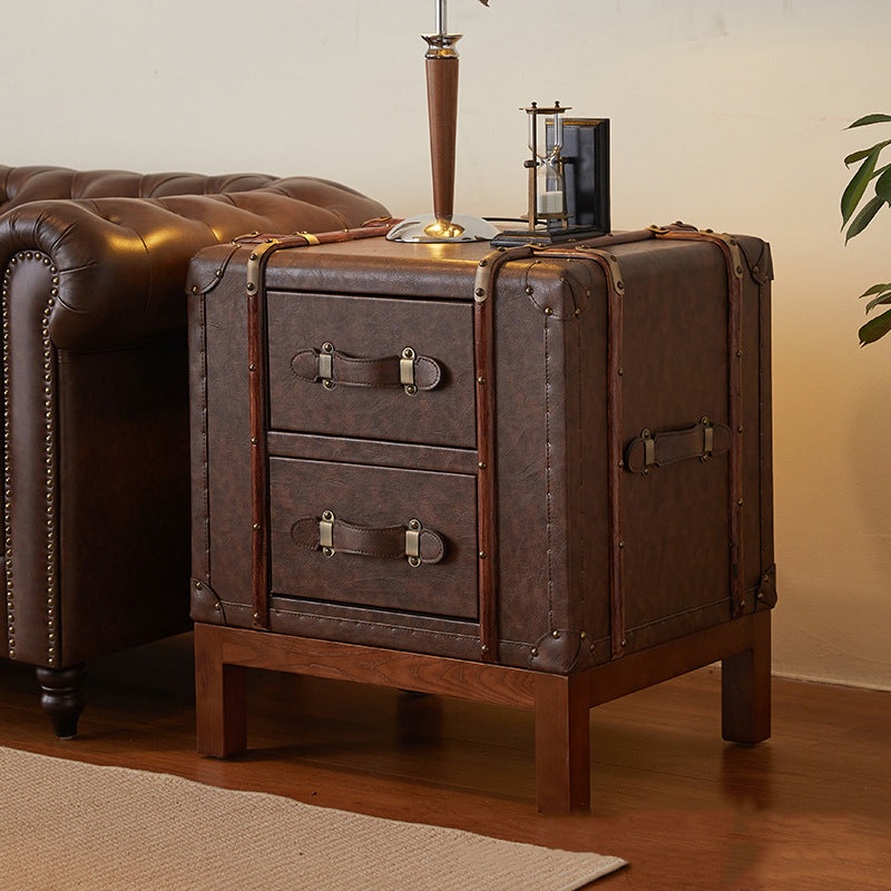 Contemporary Retro Leather Solid Wood Square Nightstand 2-Drawer For Bedroom