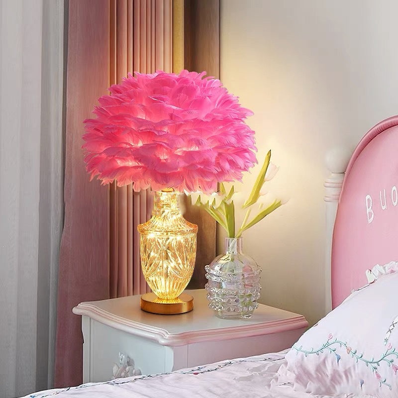 Contemporary Scandinavian Oval Flower Cluster Disc Base Feather Metal Glass 1-Light Table Lamp For Bedroom