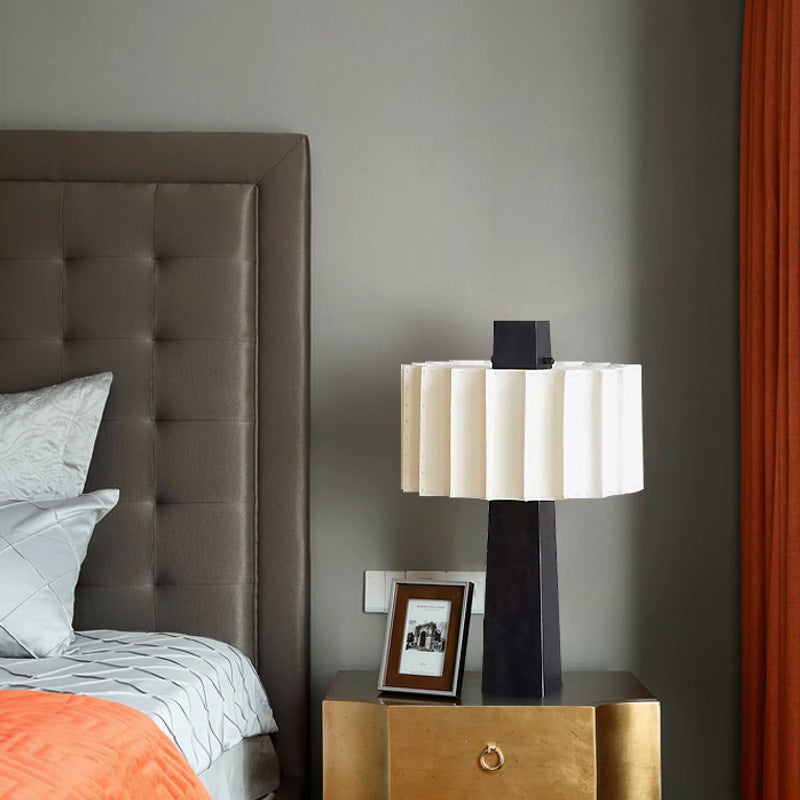 Contemporary Scandinavian Pleated Cylinder Prismatic Iron Fabric 1-Light Table Lamp For Bedroom