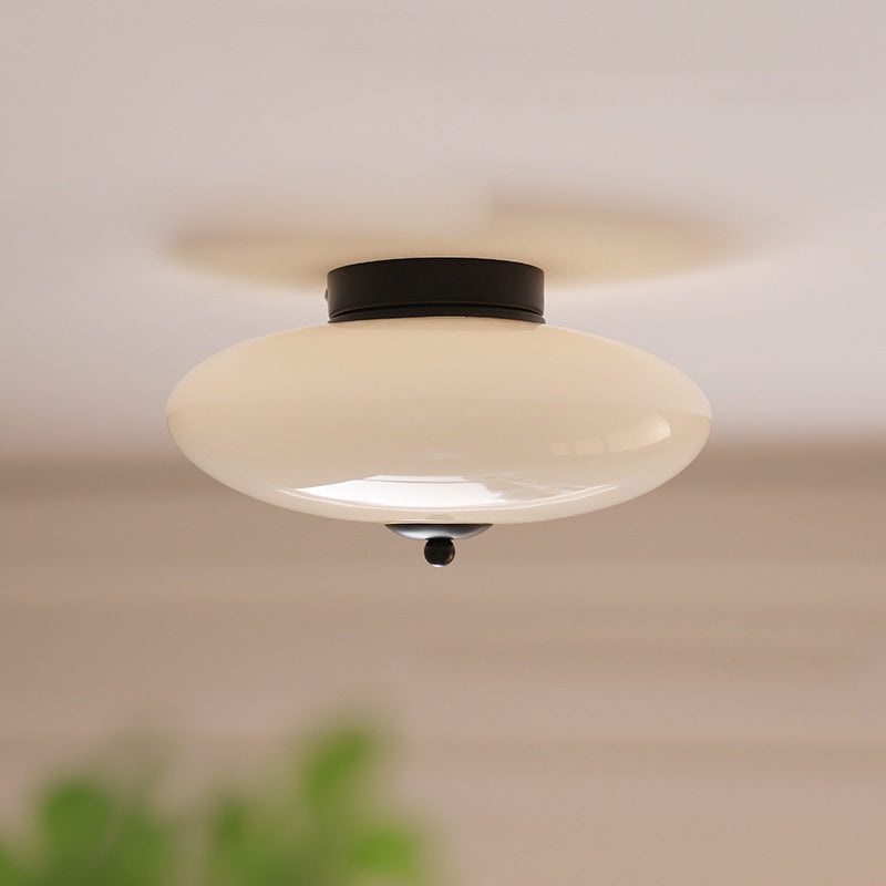 Modern Art Deco Drum Opal Iron Glass LED Semi-Flush Mount Ceiling Light For Bedroom