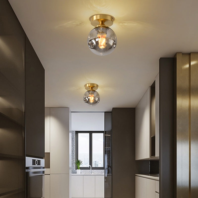 Modern Minimalist Round Ball Cylinder Round Glass Copper 1/2 Light Semi-Flush Mount Ceiling Light For Living Room