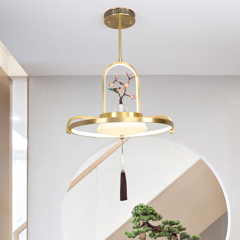 Traditional Chinese Dome Round Magpie Resin Copper LED Chandeliers For Dining Room
