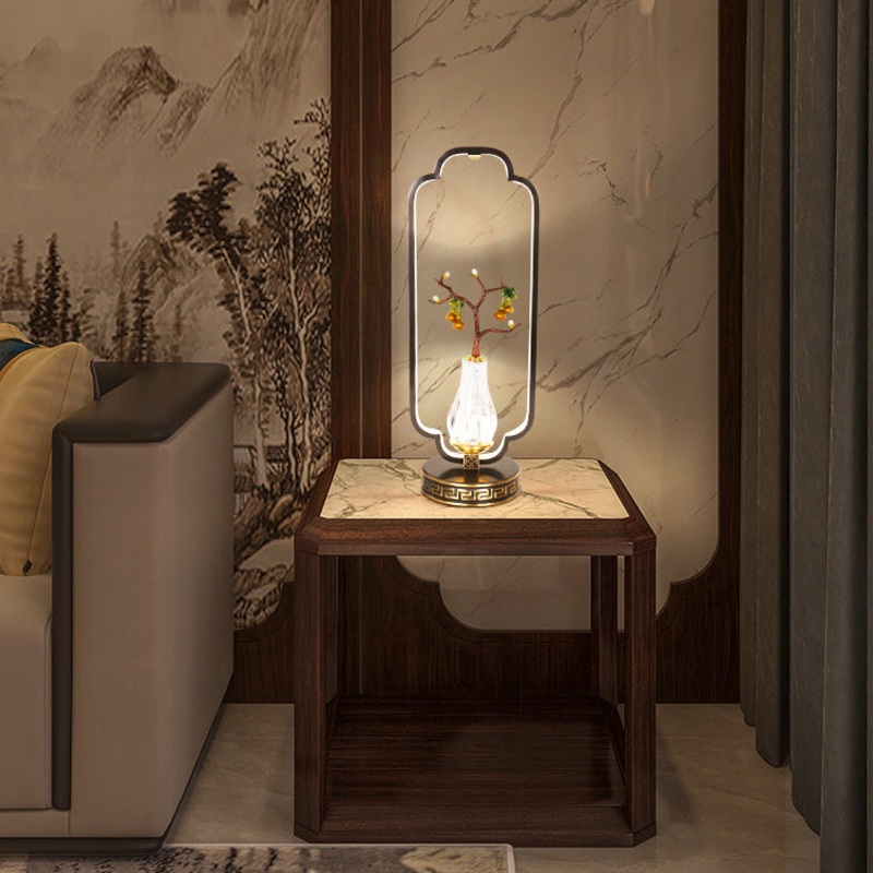 Traditional Chinese Gourd Magpie Deer Crystal Resin Copper Round Base LED Table Lamp For Bedroom