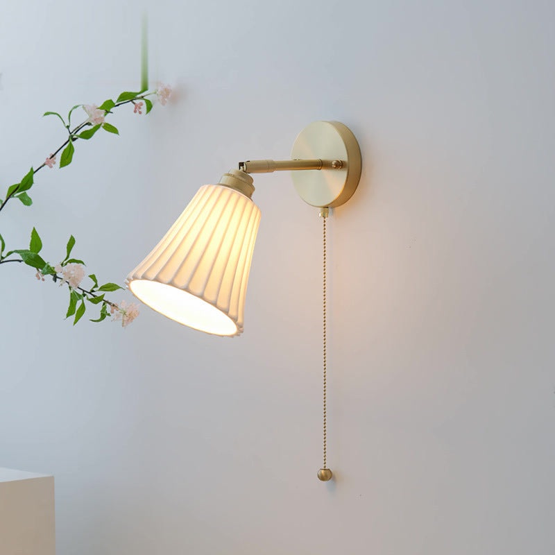 Traditional French Brass Ceramic Adjustable Horn Zipper Switch 1-Light Wall Sconce Lamp For Bedside