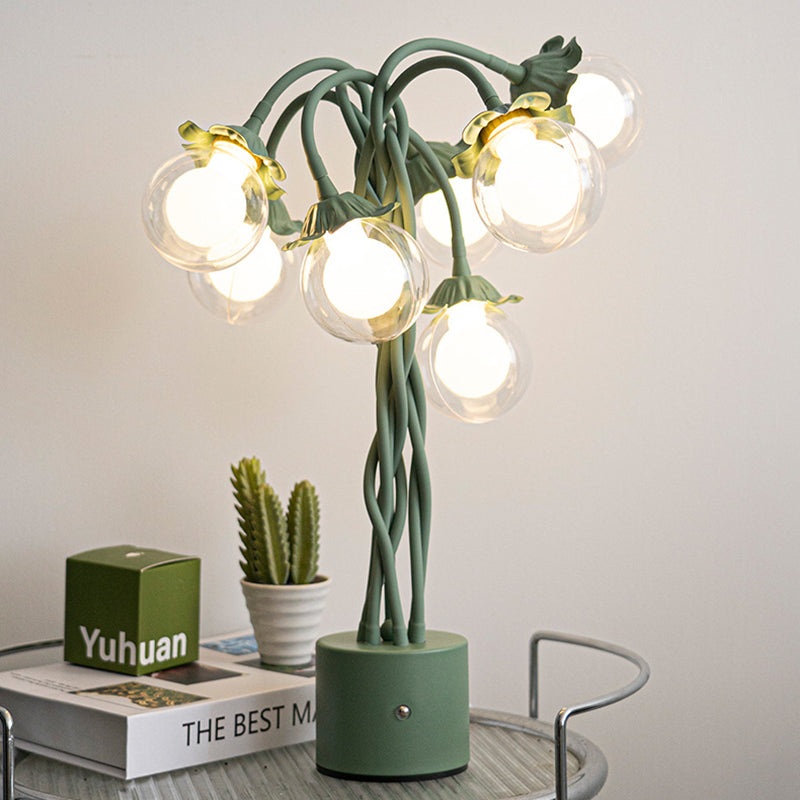 Traditional French Orb Flowers Branches PVC Lampshade Iron Cylindrical Base 7 - Light Table Lamp For Bedroom