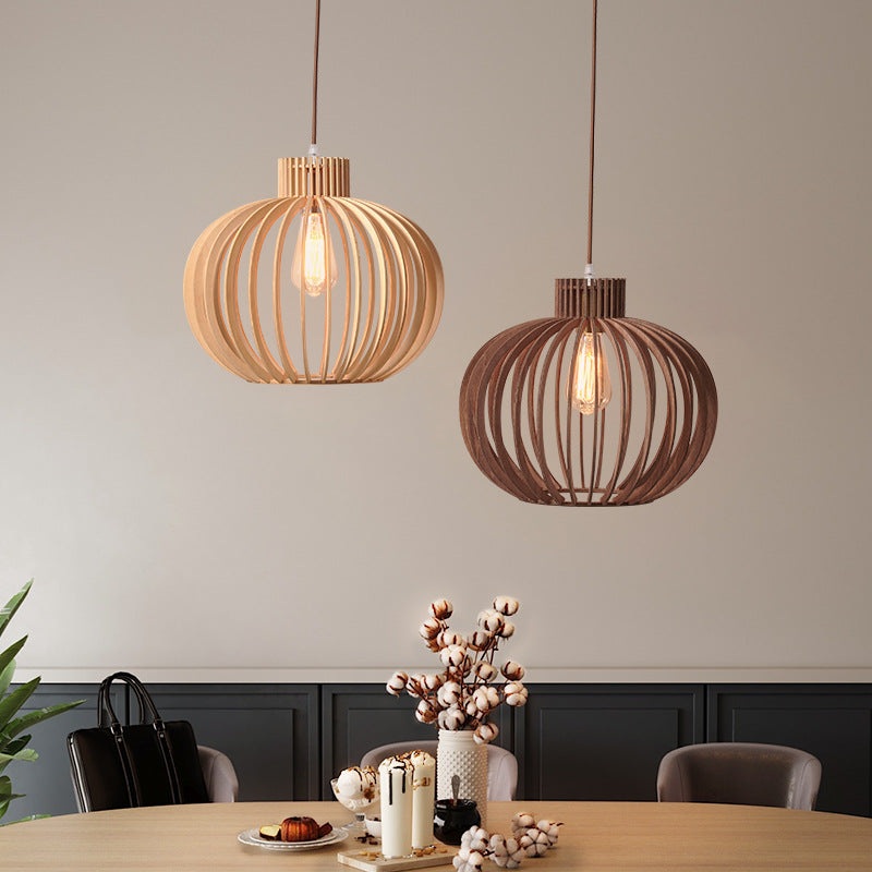 Traditional Japanese Pumpkin Round Solid Wood Lampshade 1 - Light Pendant Light For Dining Room