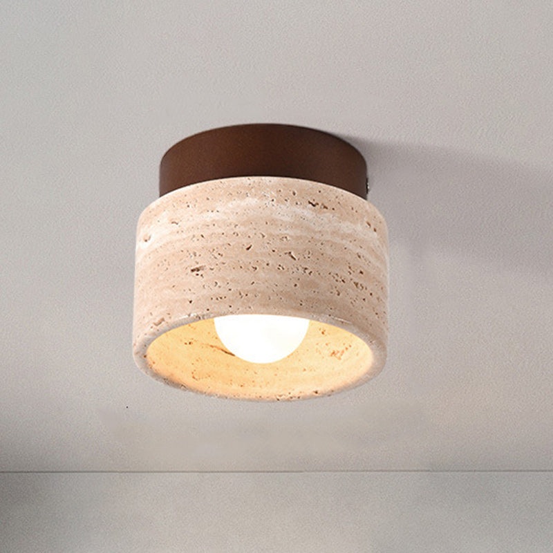 Traditional Japanese Round Square Stone Wood 1-Light Semi-Flush Mount Ceiling Light For Living Room