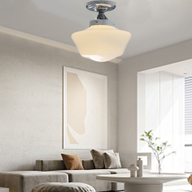 Traditional Vintage Curved Flared Cream Glass Iron 1-Light Semi-Flush Mount Ceiling Light For Bedroom