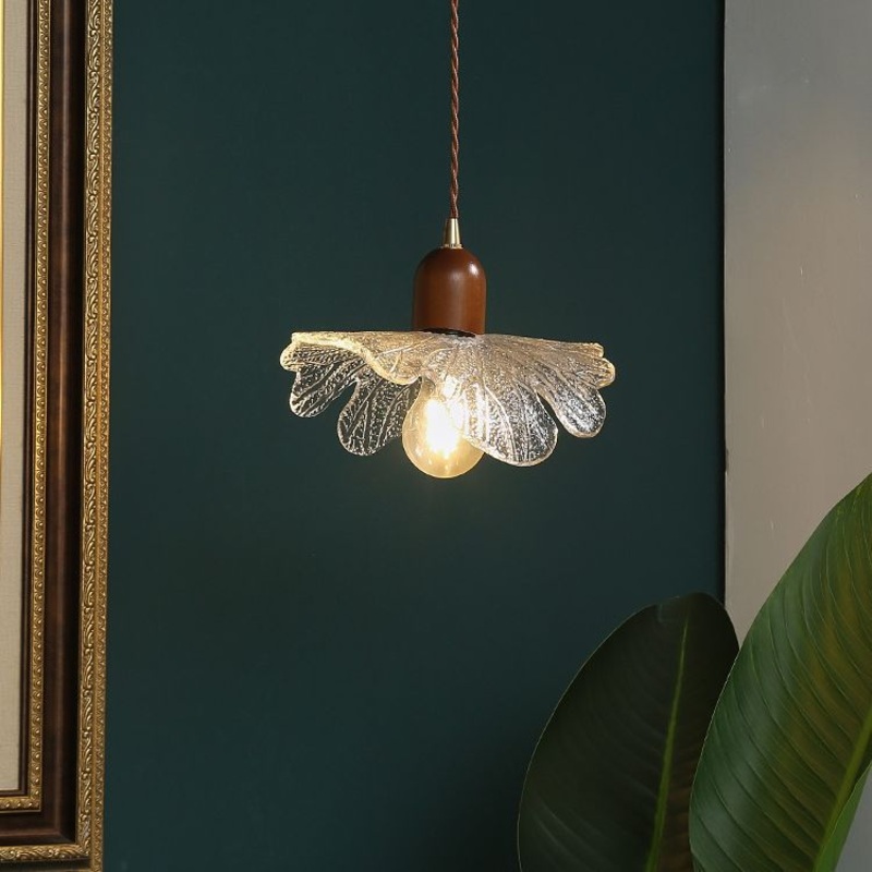 Traditional Vintage Floral Brass Wood Glass Shade 1-Light Pendant Light For Living Room