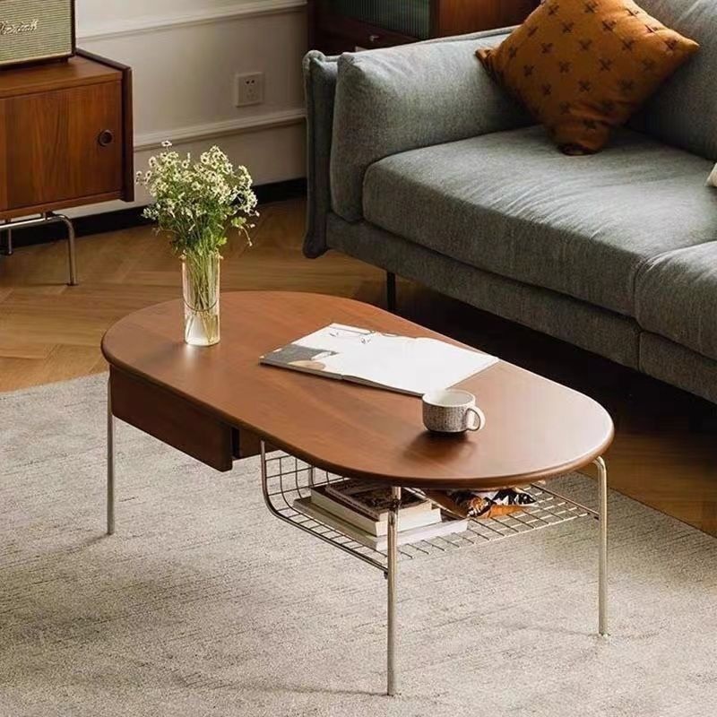 Traditional Vintage Oval Wood Stainless Steel Coffee Table 1-Drawer For Living Room