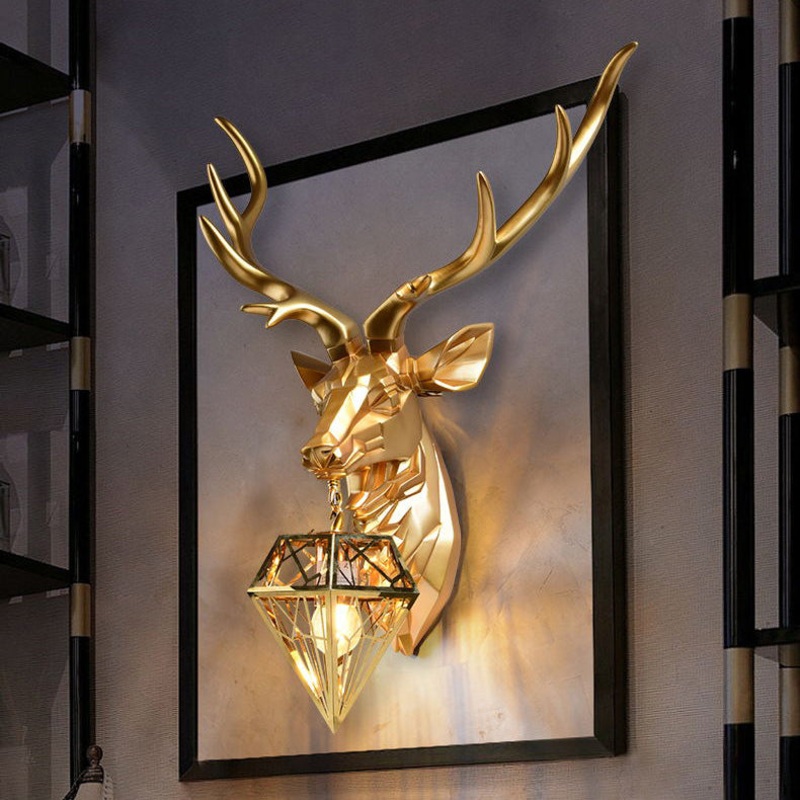 Contemporary Creative Deer Head Diamond Resin Stainless Steel Shade 1-Light Wall Sconce Lamp For Living Room