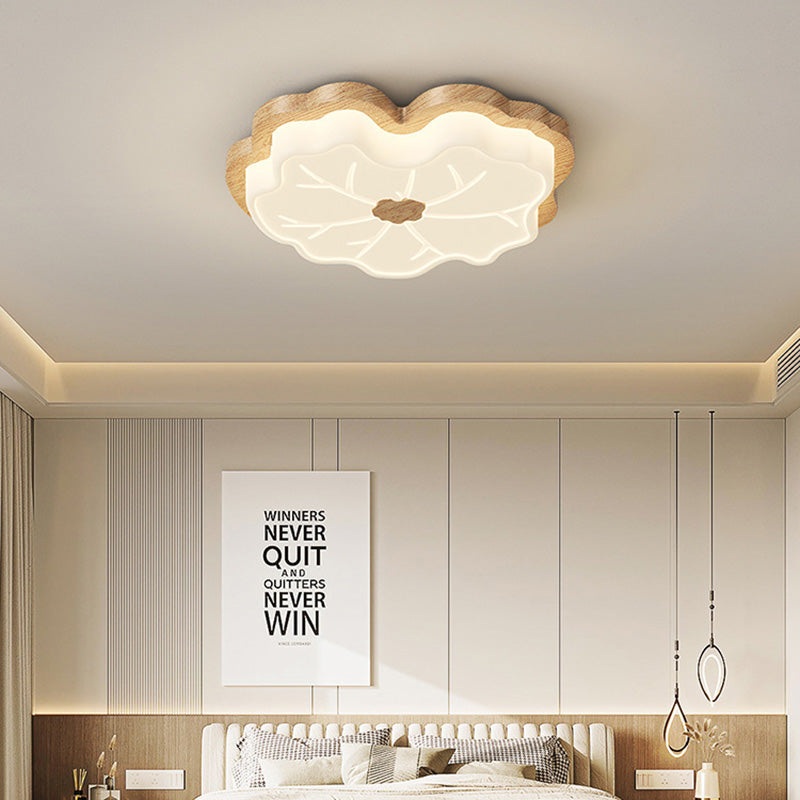 Contemporary Creative Lotus Leaf Rubberwood Base PE Shade LED Flush Mount Ceiling Light For Bedroom