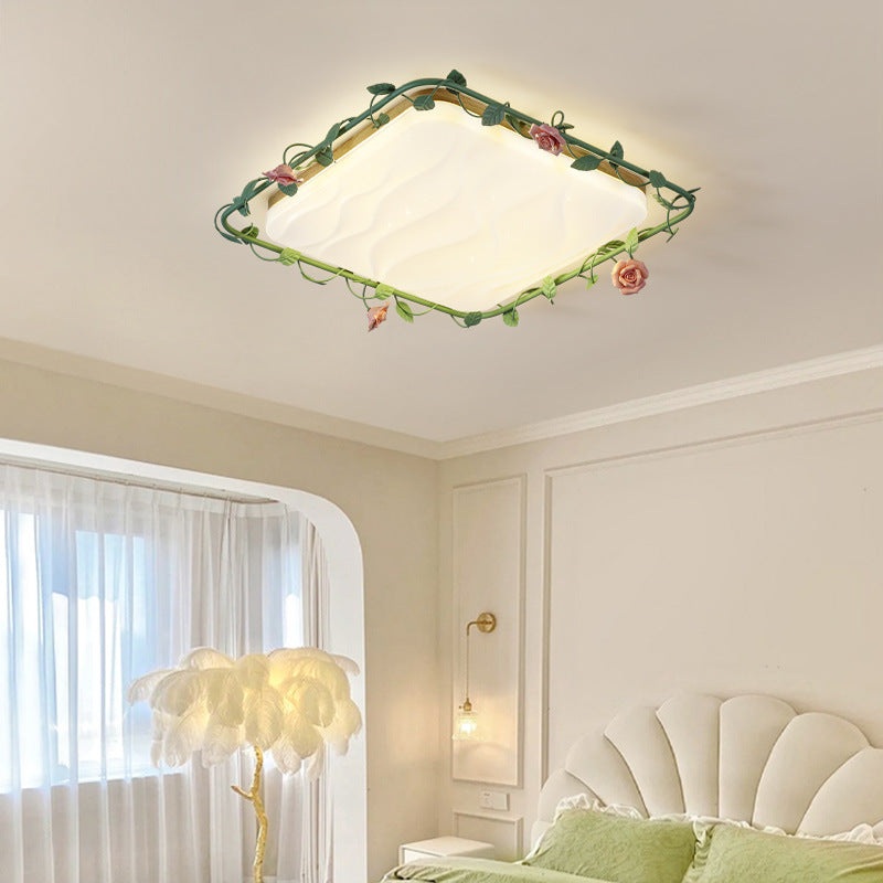 Contemporary Creative Square Rectangular Rose Vine Rubberwood Base Iron Acrylic Ceramic LED Flush Mount Ceiling Light For Living Room