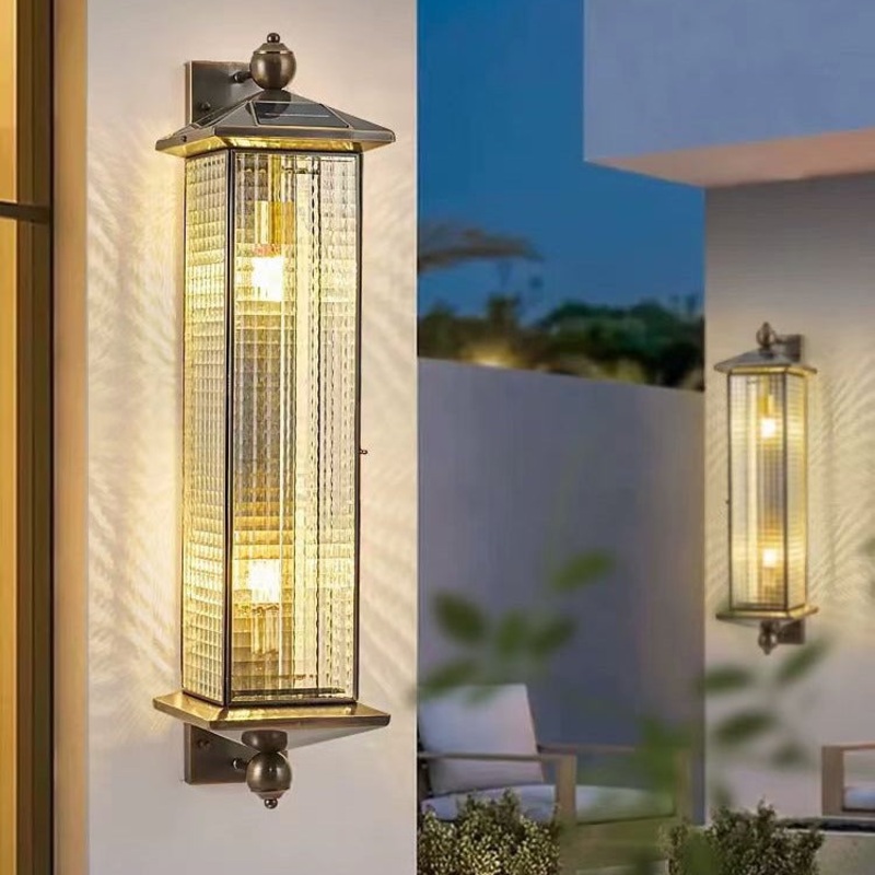 Contemporary Luxury Brass Column Tempered Glass Shade 2-Light Outdoor Wall Sconce Lamp For Garden