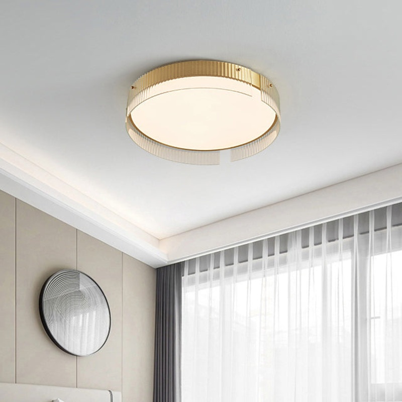 Modern Minimalist Round Vertical Pattern Glass PVC Metal LED Flush Mount Ceiling Light For Living Room