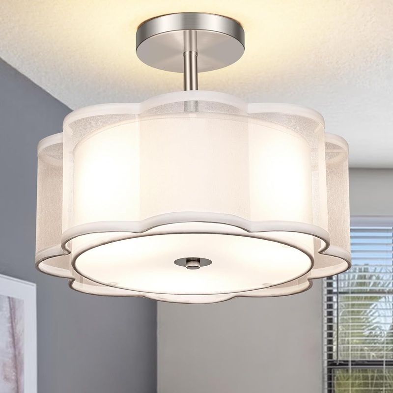 Modern Transitional Flower Iron Fabric 1-Light Semi-Flush Mount Ceiling Light For Living Room