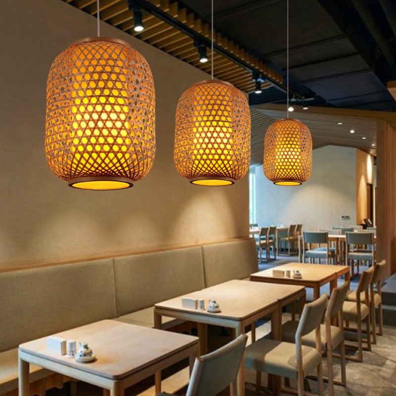 Traditional Chinese Lantern Round Bamboo Wood 1-Light Pendant Light For Living Room