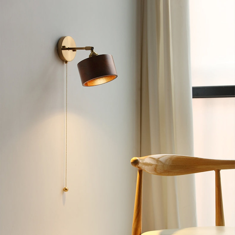 Traditional Japanese Cylinder Copper Walnut 1-Light Wall Sconce Lamp For Bedroom