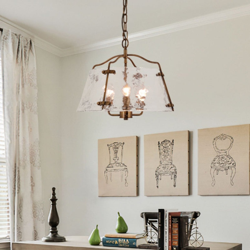 Traditional Rustic Rectangular Trapezoidal Copper Frame Glass Shade 5/7 Light Chandelier For Living Room