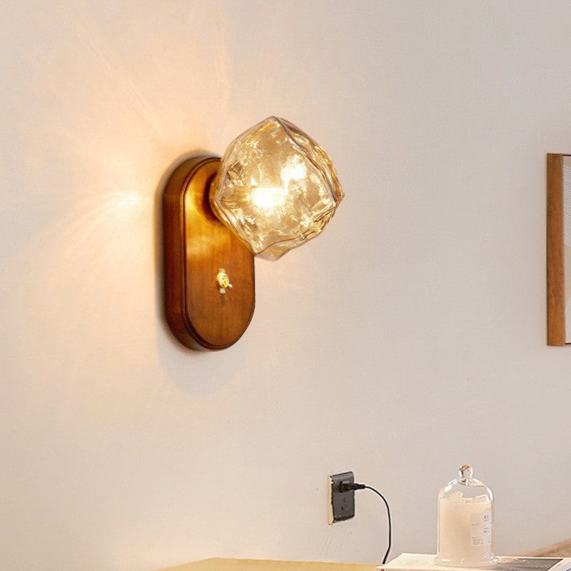 Traditional Vintage Ice Block Oval Base Wooden Glass 1-Light Wall Sconce Lamp For Bedroom