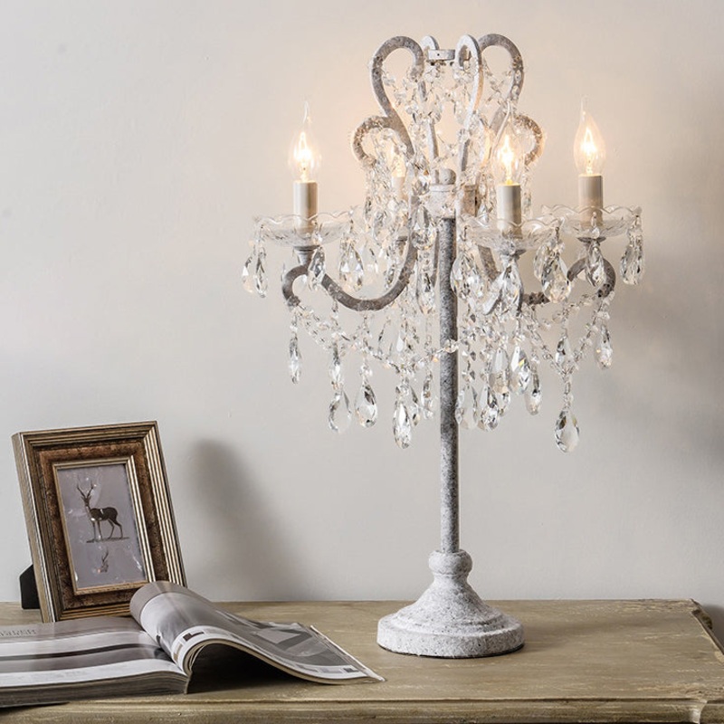 Traditional Vintage Iron Glass Crystal Pendant Candlestick 4-Light Table Lamp For Bedroom