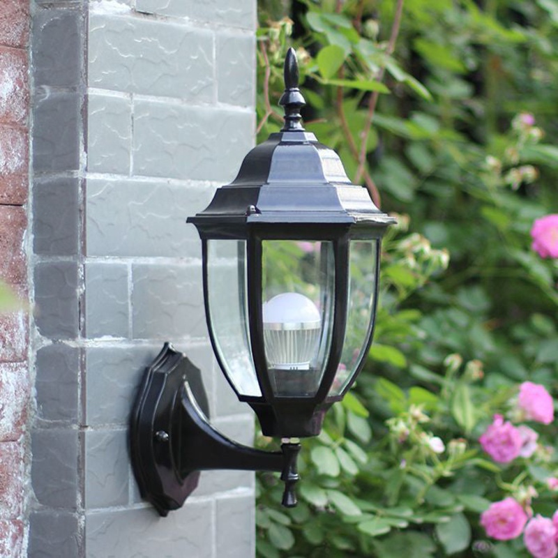 Traditional Vintage Waterproof Tower Striped Hexagonal Aluminum Glass 1-Light Wall Sconce Lamp For Garden