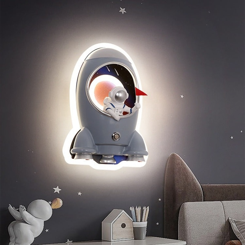 Contemporary Creative Kids Rocket Astronaut Metal Resin Shade LED Wall Sconce Lamp For Bedroom