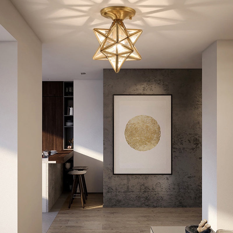 Contemporary Scandinavian Diamond Disc Base Copper Glass 1-Light Semi-Flush Mount Ceiling Light For Living Room