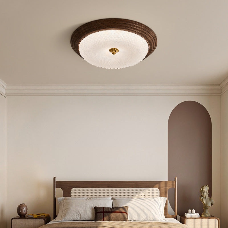 Contemporary Vintage Round Wood Grain Hardware Frame Glass Shade LED Flush Mount Ceiling Light For Bedroom