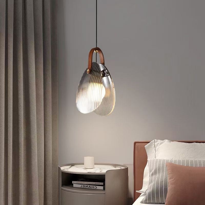 Modern Art Deco Iron Copper Glass Leather Shell Streak LED Pendant Light For Bedside