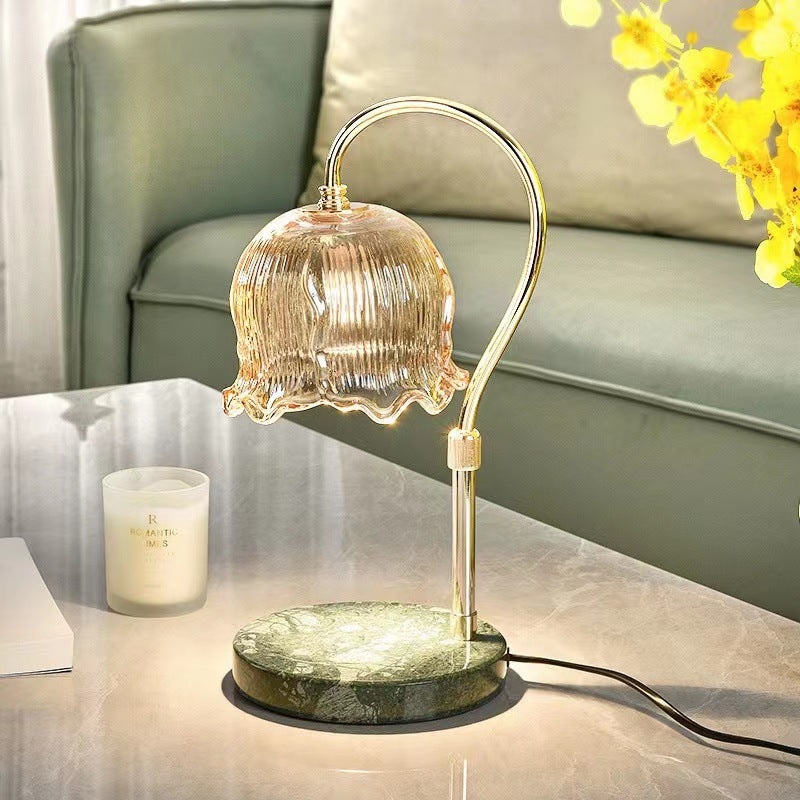 Modern Art Deco Liftable Flower Round Marble Iron Glass 2-Light Melting Wax Table Lamp For Bedroom