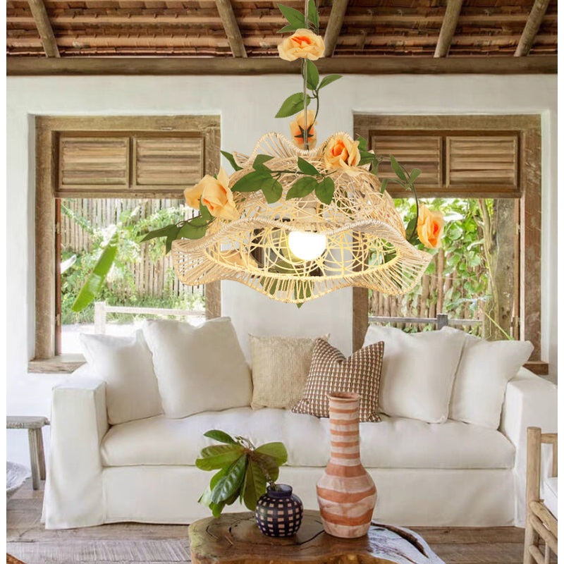 Modern Art Deco Round Flower Hand Woven Rattan Iron Shade 1-Light Pendant Light For Living Room