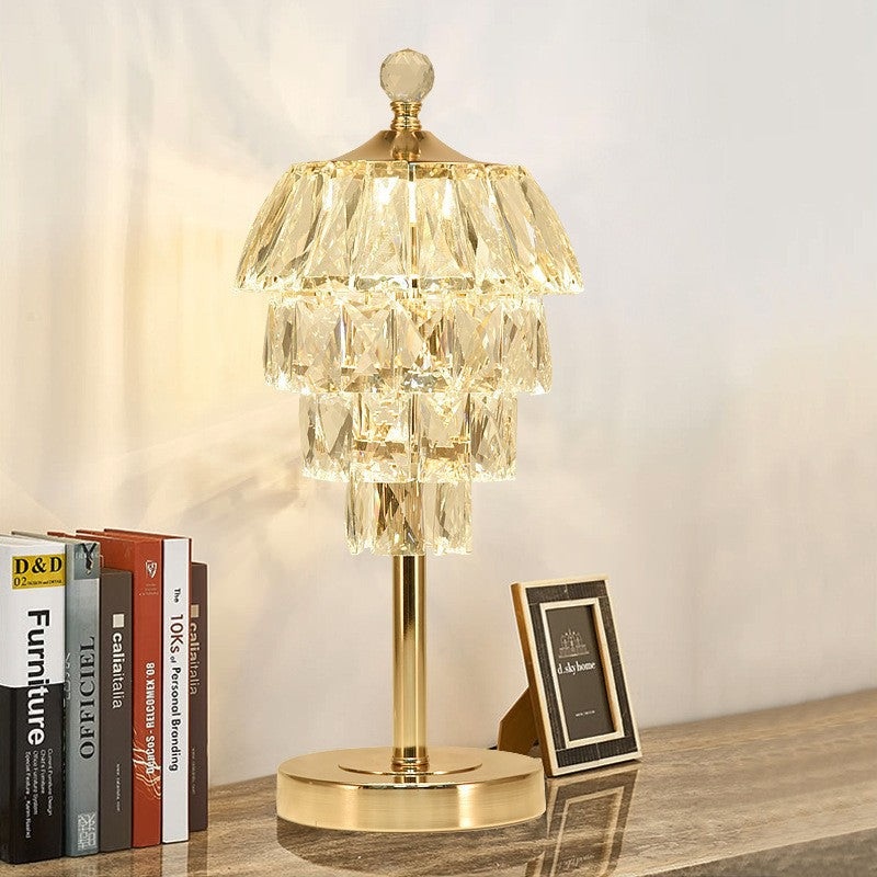 Modern Art Deco Round Square Crystal Shade Metal LED Table Lamp For Bedroom