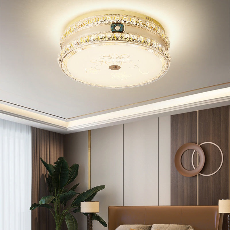 Modern Luxury Round Crystal Square Beads Flower Wave Pattern Hardware Leather Shell Glass LED Flush Mount Ceiling Light For Bedroom