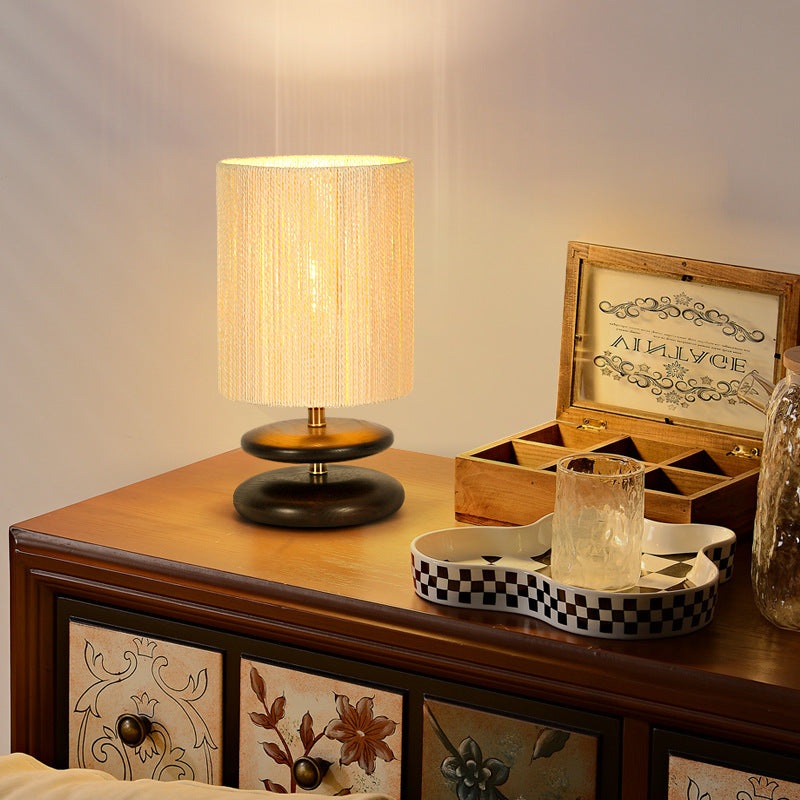 Modern Mid-Century Round Cylindrical Ash Wood Paper Rope Hardware 1-Light Table Lamp For Bedroom