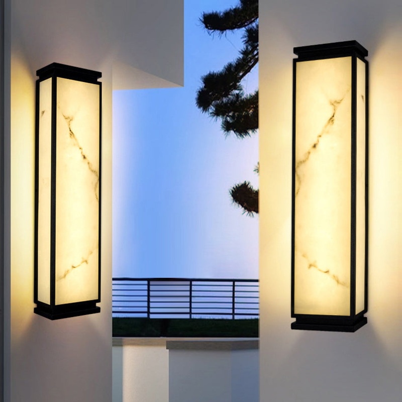 Traditional Chinese Stainless Steel Imitation Marble Shade LED Waterproof Outdoor Wall Sconce Lamp For Garden
