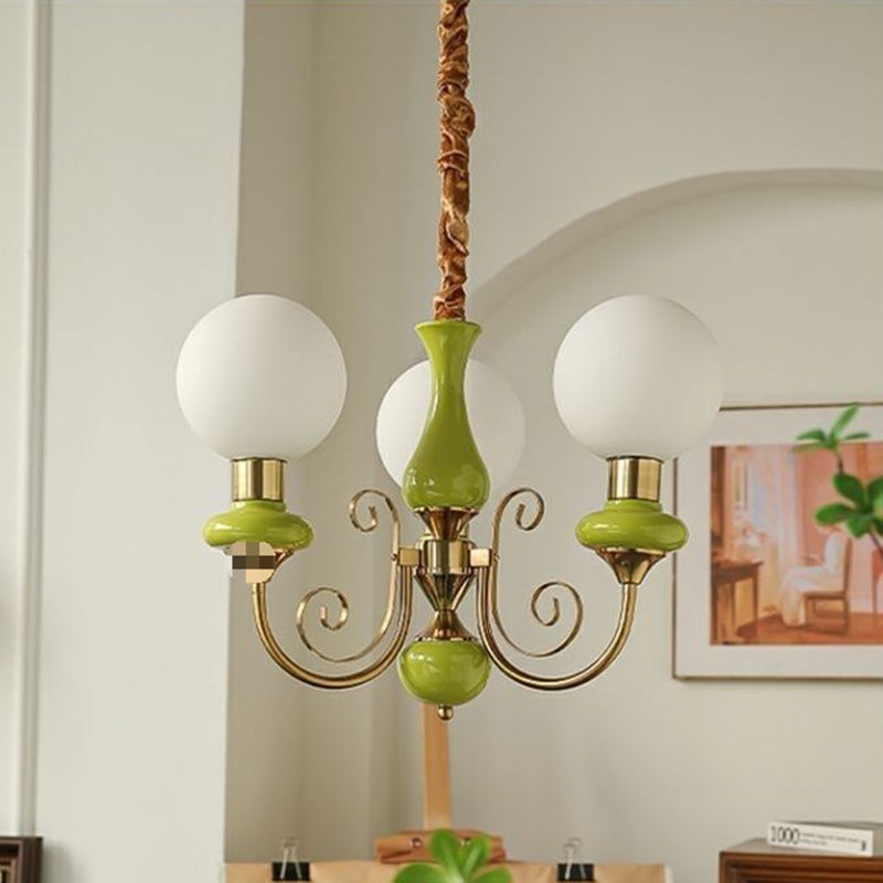 Traditional French Branch Curved Bottle Orb Pillar Iron Glass 3/5 Light Chandelier For Living Room