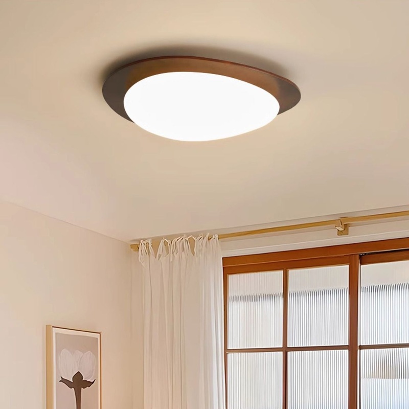 Traditional French Pebble Oval Solid Wood Acrylic LED Flush Mount Ceiling Light For Living Room