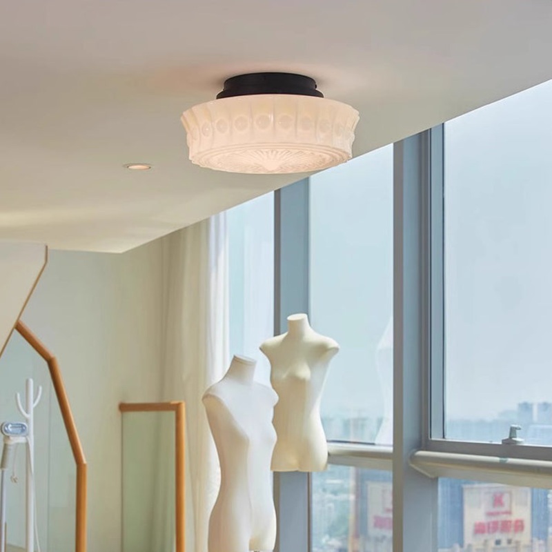 Traditional French Round Glass Metal 3-Light Semi-Flush Mount Ceiling Light For Bedroom