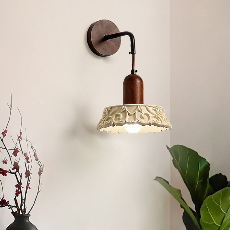 Traditional Japanese Solid Wood Flower Pattern Resin Carving Round 1-Light Wall Sconce Lamp For Bedside