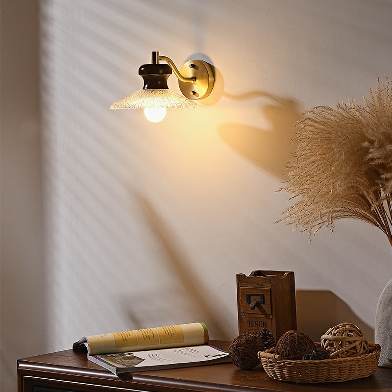 Traditional Japanese Solid Wood Water Ripple Glass Shade 1-Light Wall Sconce Lamp For Living Room