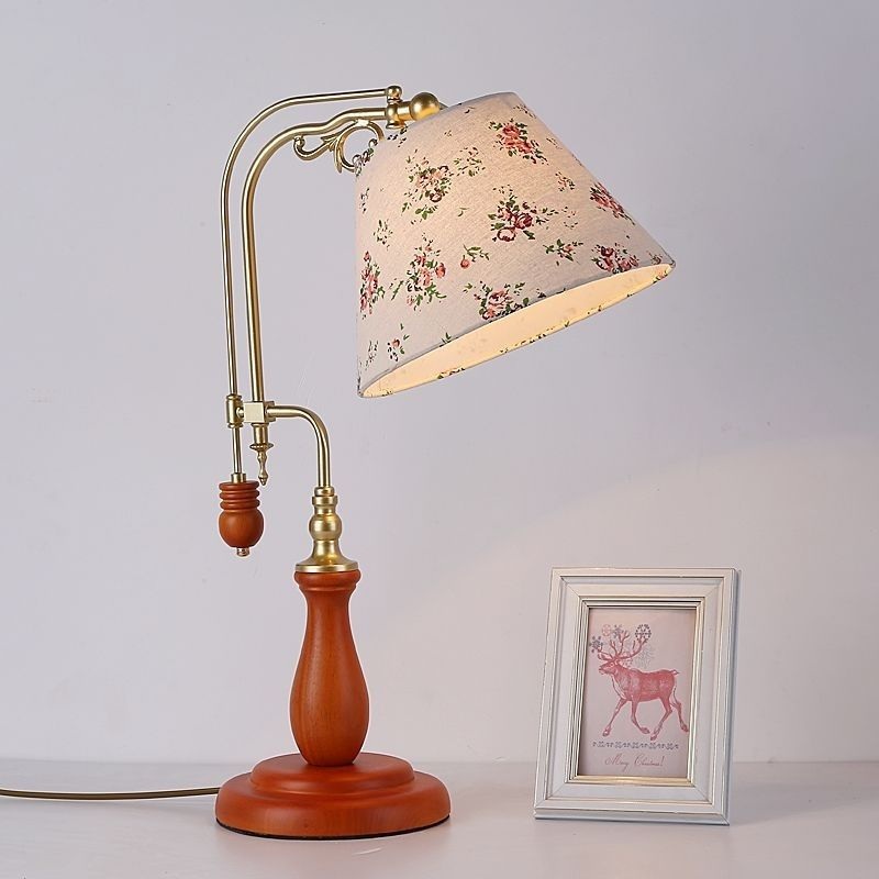 Traditional Rustic Frustum Cone Wood Metal Fabric 1-Light Table Lamp For Bedroom