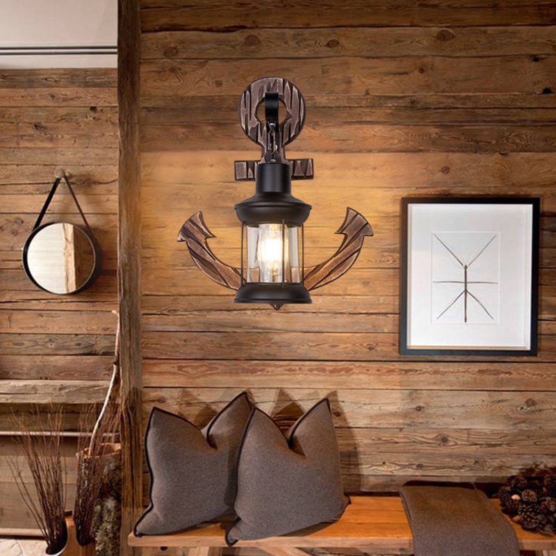 Traditional Vintage Boat Anchor Iron Solid Wood 1-Light Wall Sconce Lamp For Hallway