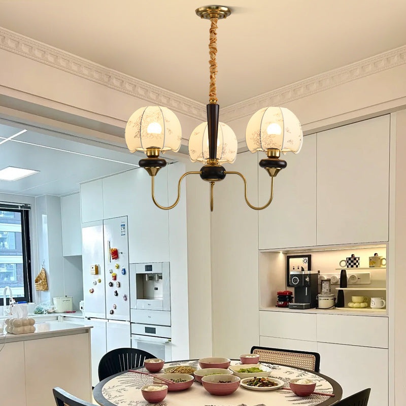 Traditional Vintage Branch Curved Half Circle Print Metal Wooden Fabric 3/5 Light Chandelier For Living Room