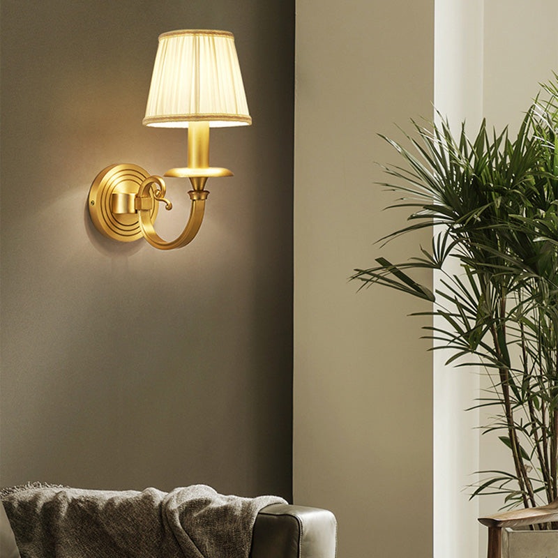 Traditional Vintage Curved Cylinder Round Fabric Brass 1/2 Light Wall Sconce Lamp For Living Room