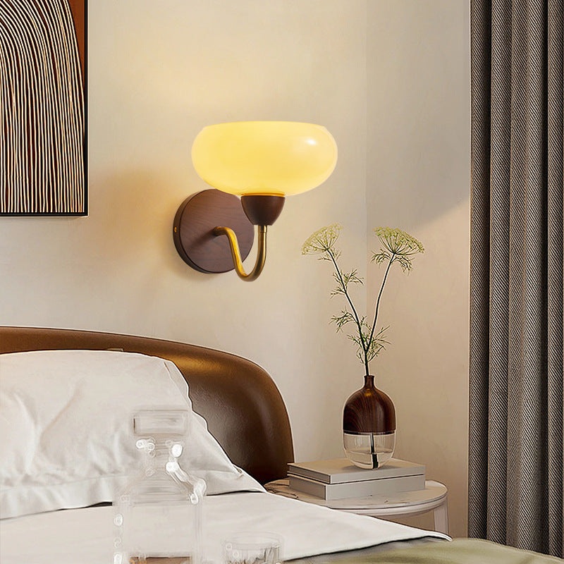 Traditional Vintage Half Round Pleated Glass Ash Wood Hardware 1-Light Wall Sconce Lamp For Bedroom