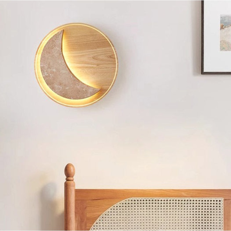 Traditional Vintage Moon Round Yellow Travertine Solid Wood LED Wall Sconce Lamp For Bedroom