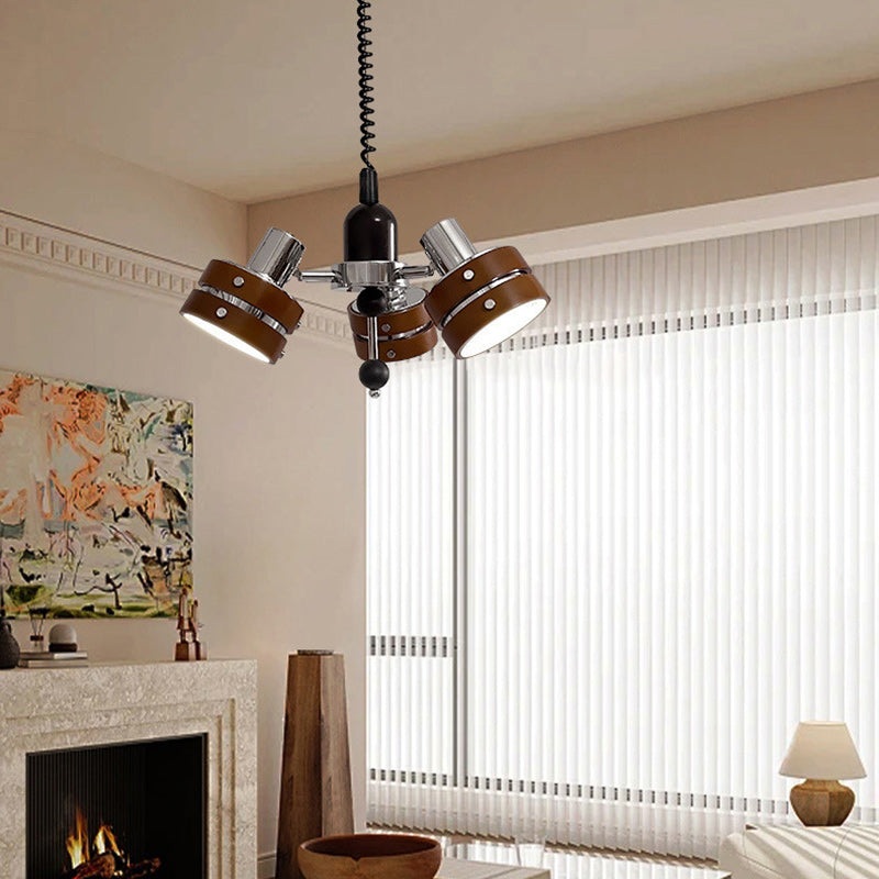 Traditional Vintage Round Cylinder Iron Rubberwood 3-Light Chandelier For Bedroom