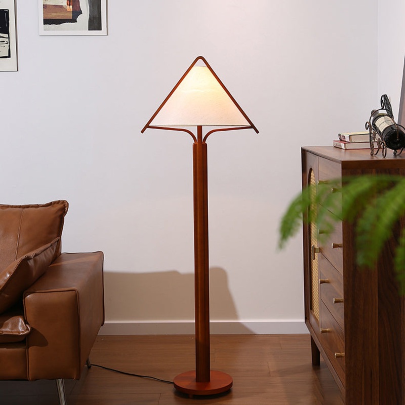Traditional Vintage Triangle Shape Round Cone Wood Linen 1-Light Standing Floor Lamp For Bedroom